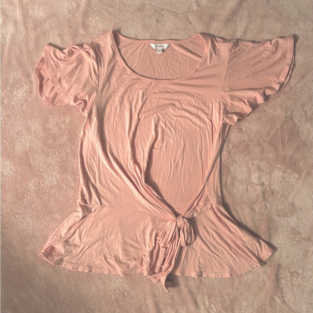 Candie’s Junior Light Pink Flutter Sleeve Front Tie Peplum Top